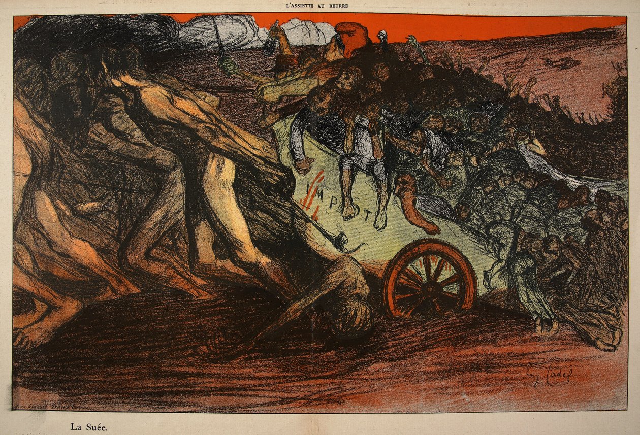 “税收负担”，来自“黄油板块：官员”的插图，1902年8月9日 作者 尤金·卡德尔（Eugene Cadel）