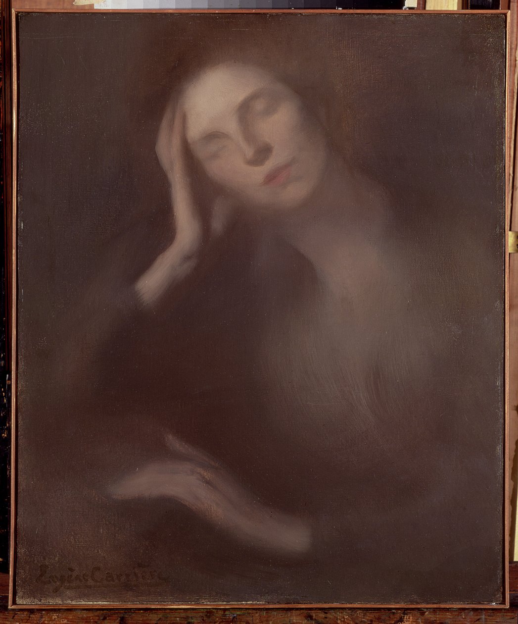 女人靠在一张桌子上，1893年 作者 欧仁·卡里尔（EugèneCarrière）
