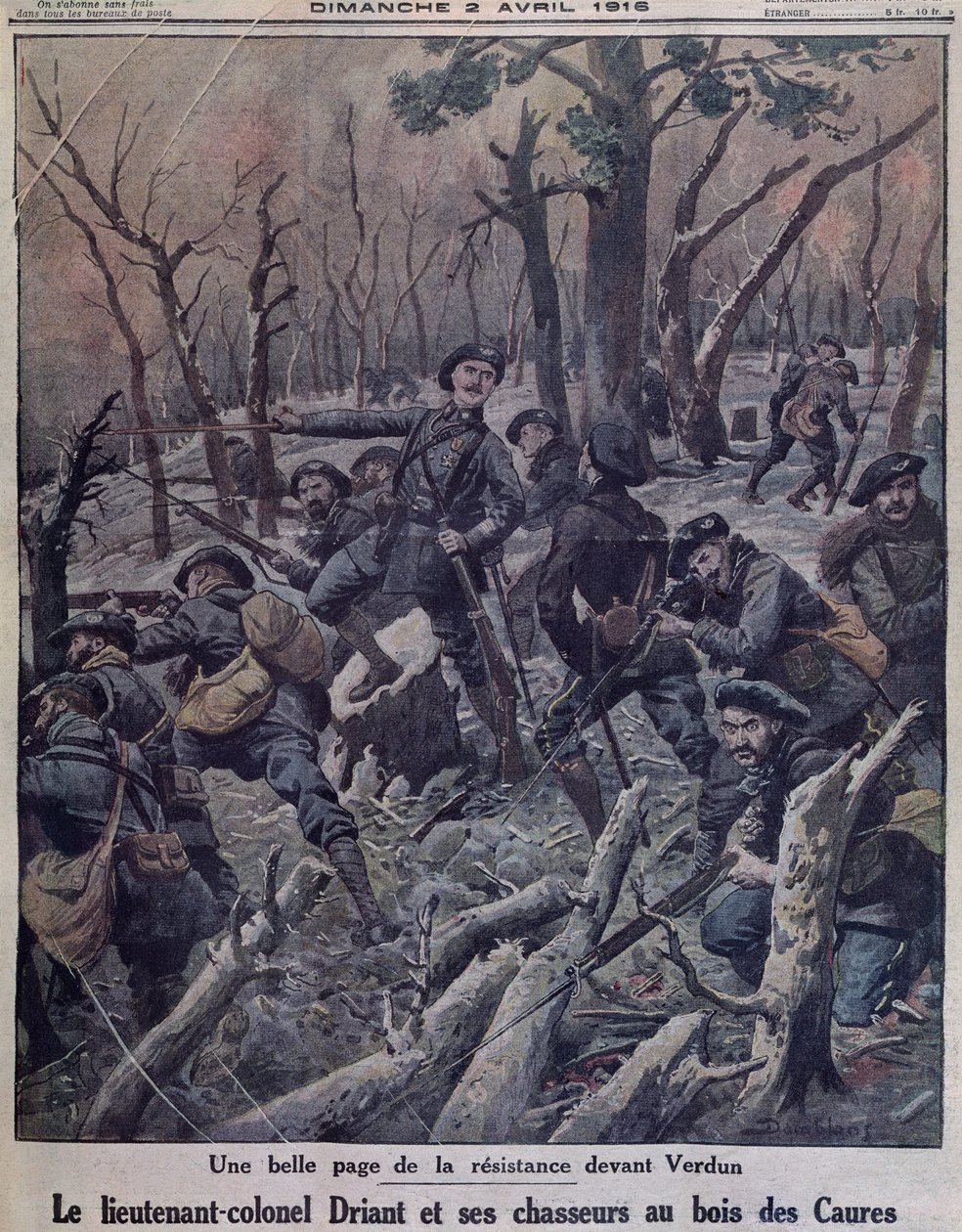 Drint中校和他的营猎人为1916年4月2日的“Le Petit Journal”保护了Caure，Verdun的封面插图 作者 尤金·丹布拉斯