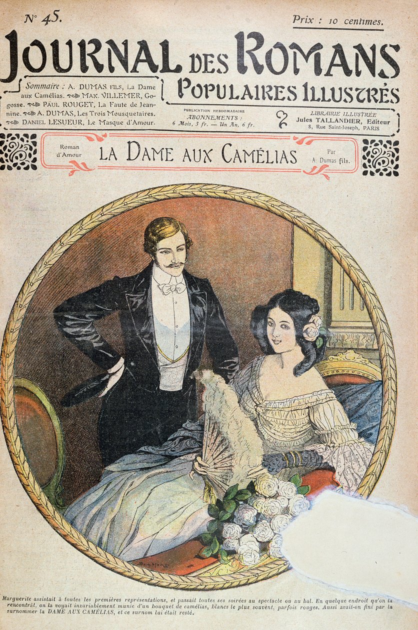 玛格丽特在剧院的盒子里放着一束白色的山茶花，由A. Dumas的“La Dame aux Camelias”插图于&39;Journal des Romans&39;，1905年 作者 尤金·丹布拉斯