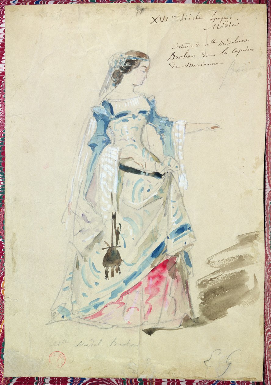 Mlle Madeleine Brohant（1833-1900）为Alfian de Musset（1810-57）1851年玛丽安在&39;Les Caprices de Marianne&39;中的角色设计服装 作者 皮埃尔·弗朗索瓦·欧仁·吉罗