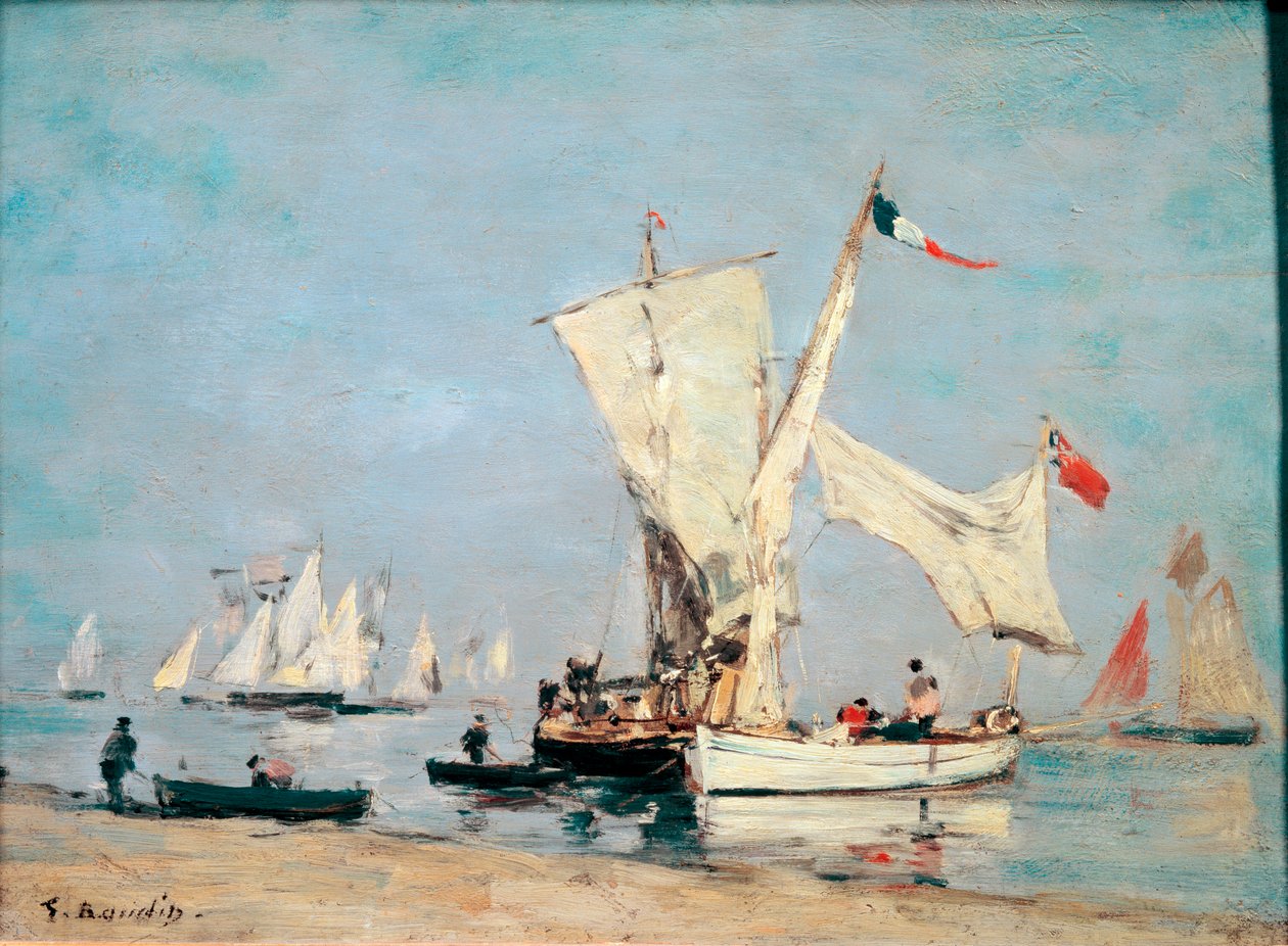帆船，大约1869年，绘画由Eugene Louis Boudin（1824-1898），太阳：0,24x0,31m，巴黎，Musee dOrsay  - “”帆船“”，c，1869，油画由Eugene-Louis Boudin（1824年） -1898），太阳：0,24x0,31m， 作者 尤金·路易斯·布丁