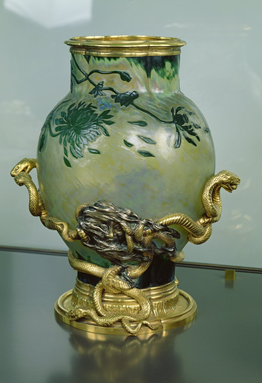 带有交织蛇的支架的水晶花瓶，c.1890（青铜和玻璃） 作者 欧仁·卢梭（EugèneRousseau）
