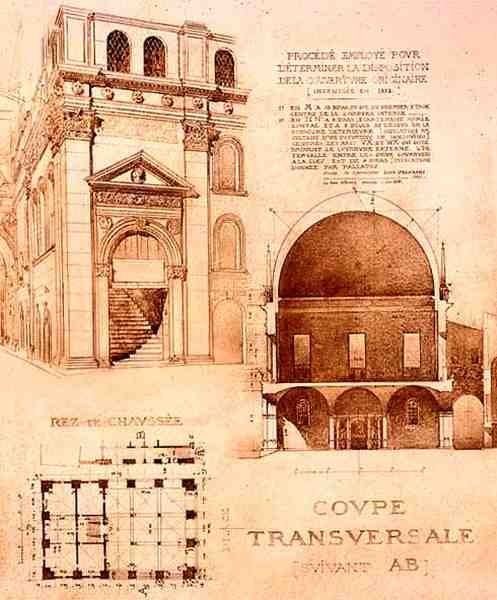 意大利布雷西亚的Loggia或Palazzo del Commune的平面图、横截面和立面图，出自《中世纪和文艺复兴时期的建筑片段》，由Jules Adolphe Chauvet（生于1828年）雕刻（石印）。 作者 尤金（后）杜肯