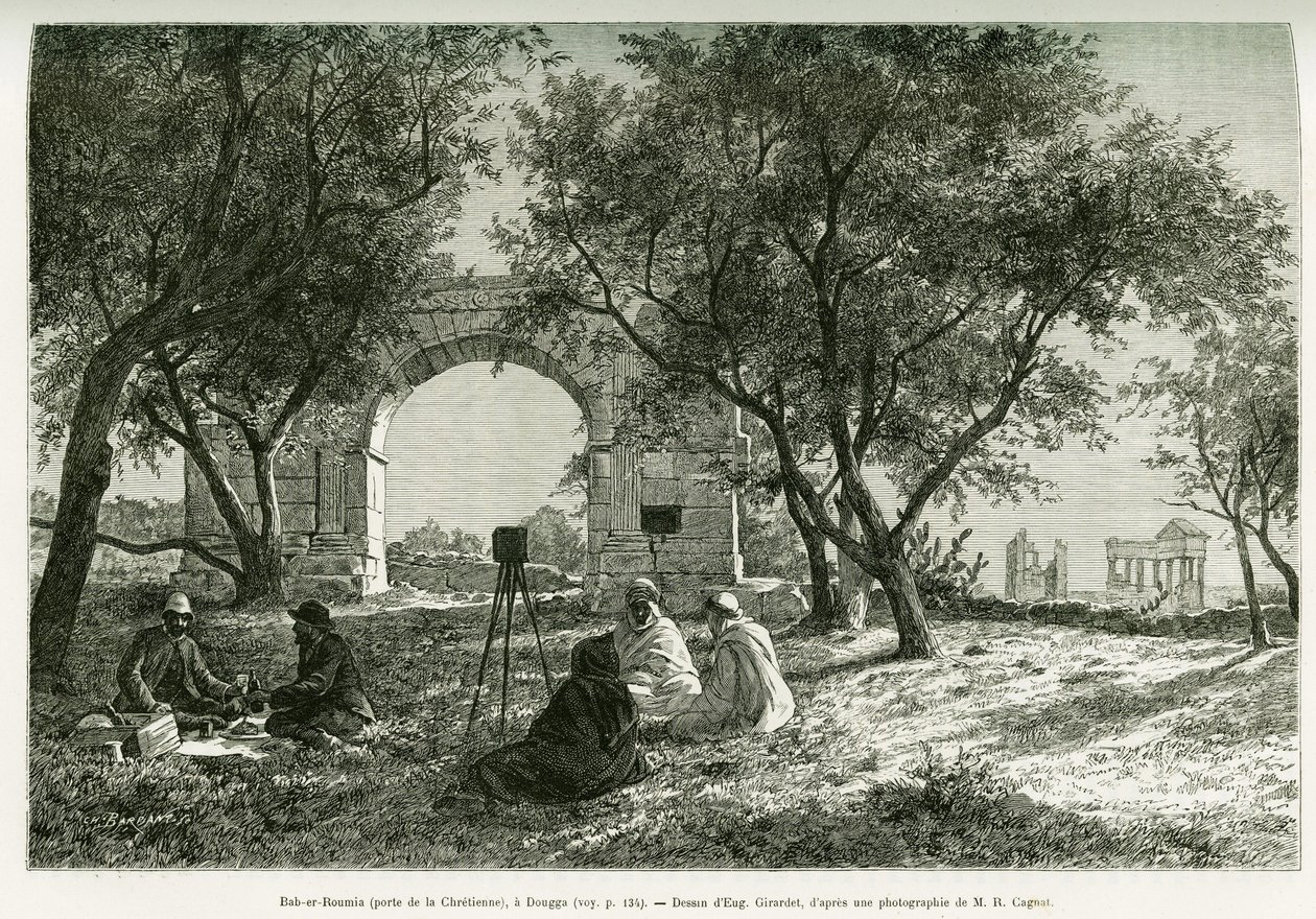 Bab-er-Roumia (Bab er Roumia), gate of the Christian woman, Roman ruins in Dougga, picnic of travelers and their guides, around a camera. Engraving by Eugene Girardet, to illustrate the story Voyage en Tunisie, by R.Cagnat and H.Saladin, charges of an arch 作者 尤金·亚历克西斯·吉拉德（Eugene Alexis Girardet）