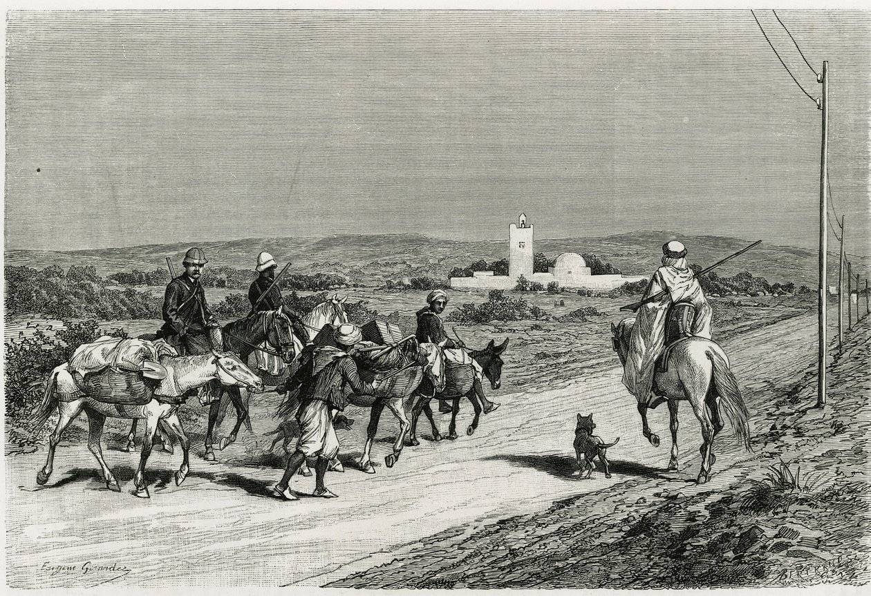 我们的拖车在动。 由尤金·吉拉尔 (Eugene Girardet) 雕刻，以说明故事“突尼斯航行”(Voyage en Tunisie)，作者为 Rene Cagnat (1852-1937) 历史学家和建筑师亨利·萨拉丁 (Henri Saladin)（1851-1923 年），1882-1883 年受公共教育部委托。 发表于 作者 尤金·亚历克西斯·吉拉德（Eugene Alexis Girardet）