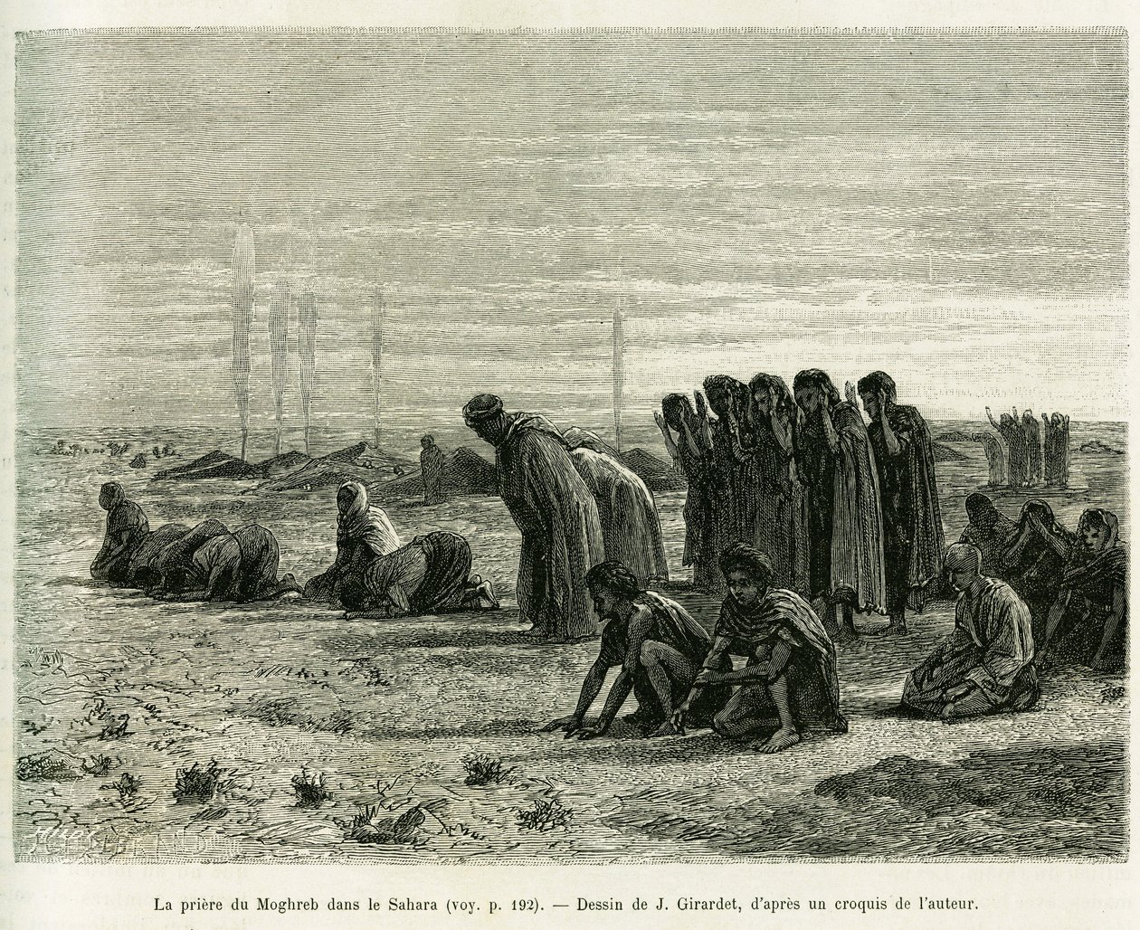 The Moghreb prayer in the Sahara. Engraving by J.Girardet, to illustrate the story Cinq mois chez les moures nomades du Sahara occidental, in 1887, by Camille Douls, in le tour du monde 1888, under the direction of Edouard Charton (1807-1890), Hachette, Pa 作者 尤金·亚历克西斯·吉拉德（Eugene Alexis Girardet）