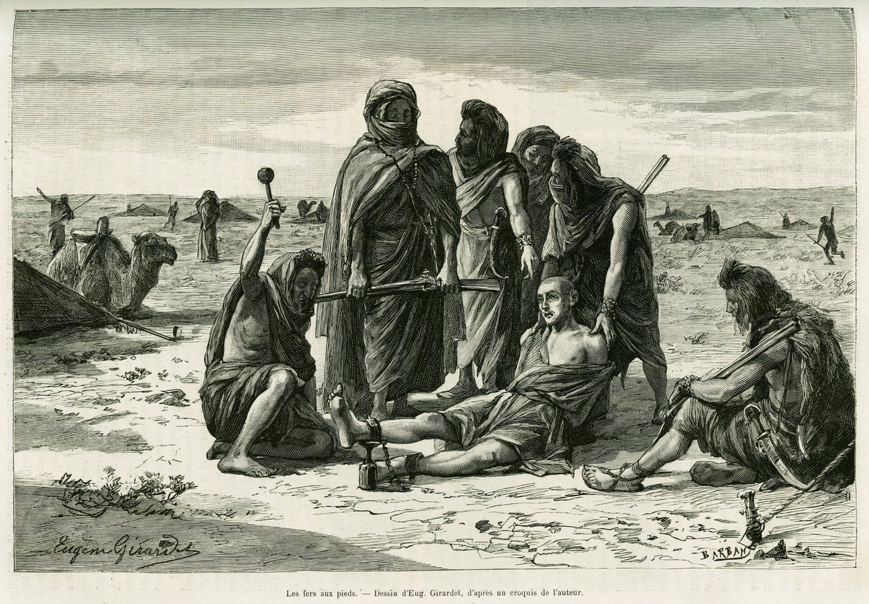 脚上的镣铐。尤金-吉拉尔代的版画，为1887年卡米尔-杜尔斯在《1888年世界之旅》中的故事《Cinq mois chez les moures nomades du Sahara occidental》作插图，由爱德华-查顿（1807-1890）指导，巴黎哈谢特出版社。 作者 尤金·亚历克西斯·吉拉德（Eugene Alexis Girardet）