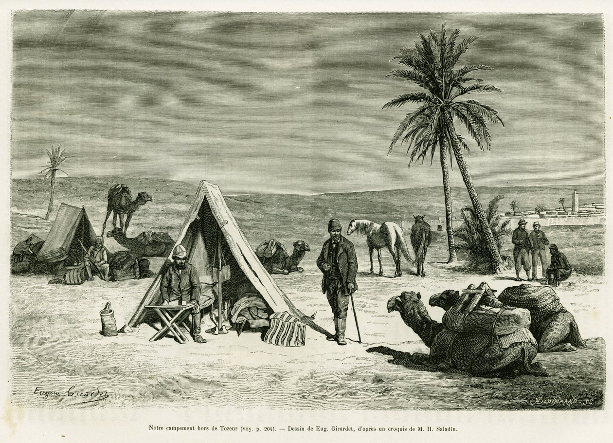 托泽尔附近的旅行者营地。 由 Eugene Girardet 雕刻，以说明 R.Cagnat 和 H.Saladin 在 1886 年世界之旅中的故事突尼斯航行，由 Edouard Charton（1807-1890）执导，巴黎阿歇特。 作者 尤金·亚历克西斯·吉拉德（Eugene Alexis Girardet）