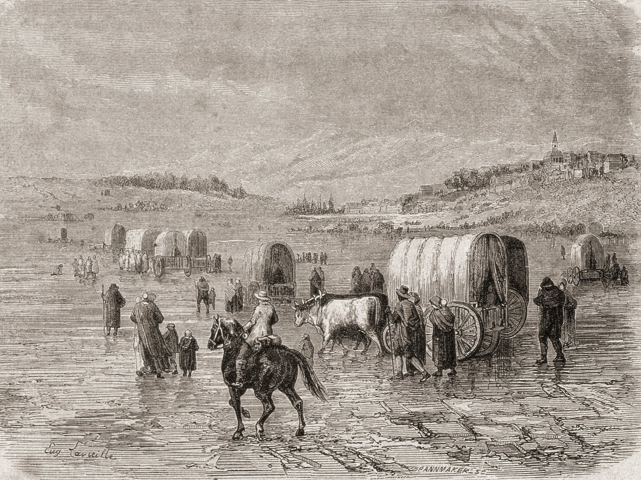 19世纪60年代的西部货车列车，由Stephane Pannemaker雕刻（1847-1930） 作者 尤金·安东尼·塞缪尔·拉维耶