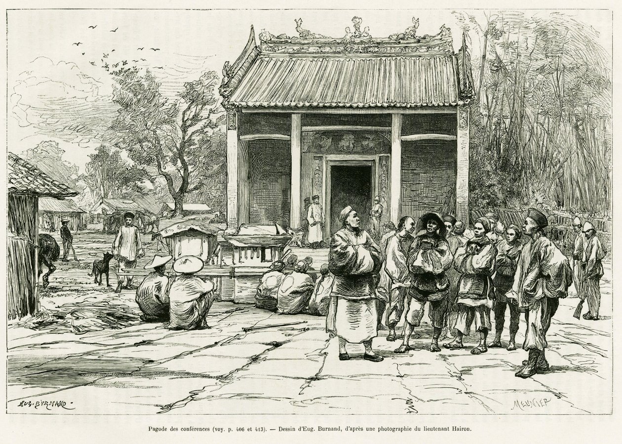 会议塔，蒙凯。尤金-伯南的版画，为P.Neiss医生的故事《Sur les frontières du Tonkin》作插图，载于1888年的《世界之旅》，由爱德华-沙特（1807-1890）导演，巴黎Hachette出版社。 作者 尤金·伯恩（Eugene Burnand）