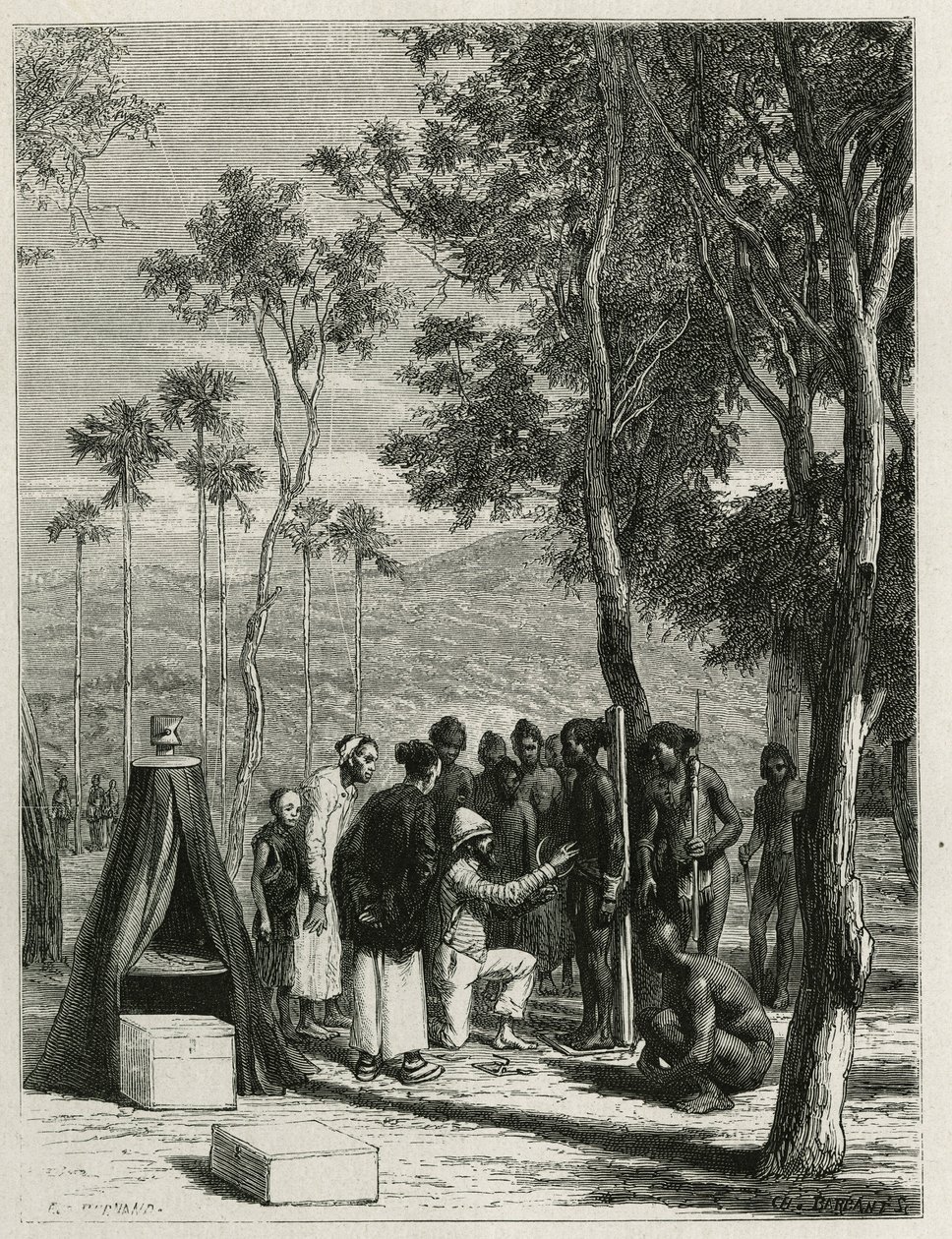Harmand 博士对土著 Khas 进行了人类学测量，这是一个 Attopeu（老挝），由 Eugene Burnand 雕刻，以说明 Harmand 博士在 1877 年发表在《世界之旅》上的老挝和印度支那野生种群的故事， 在下面 作者 尤金·伯恩（Eugene Burnand）