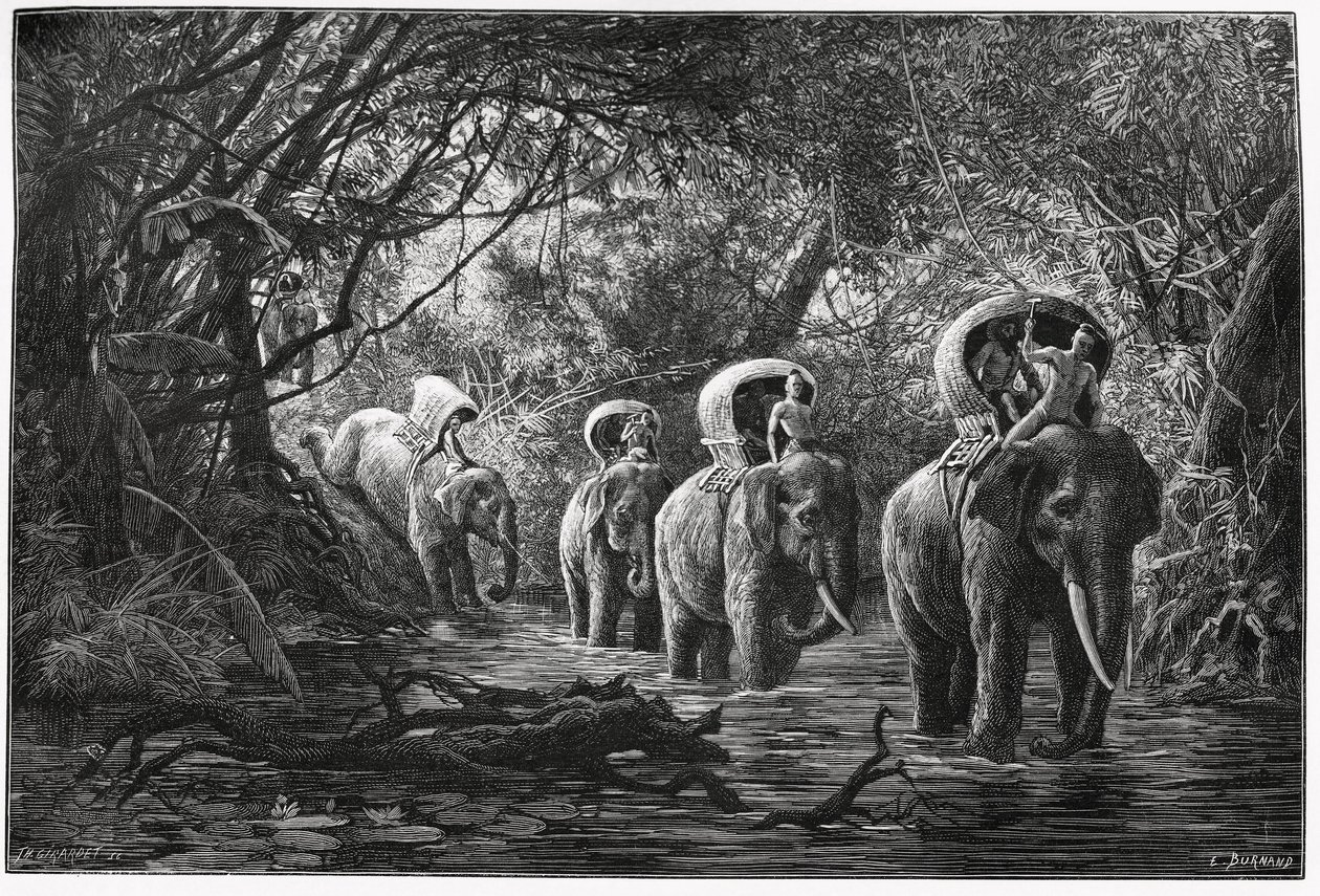 在进入森林的路上，探险队在大象的背上旅行。Eugene Burnand的版画，为P.Neis博士1880年的故事《上老挝之旅》作插图。发表于Le Tour du monde, nouveau journal des voyages, 2nd semester 18 作者 尤金·伯恩（Eugene Burnand）