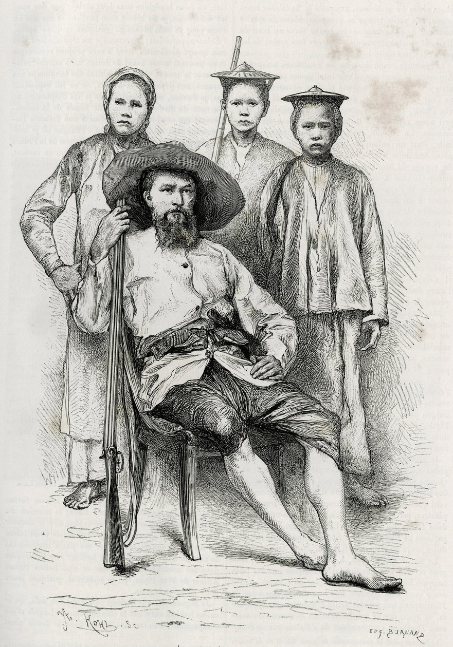 作者的肖像，围绕着他的旅行伙伴。Eugene Burnand的雕刻，为P.Neis博士1880年的故事《上老挝之旅》作插图。发表于《世界之旅》，新的旅行杂志，1885年第二学期，由埃杜编辑。 作者 尤金·伯恩（Eugene Burnand）