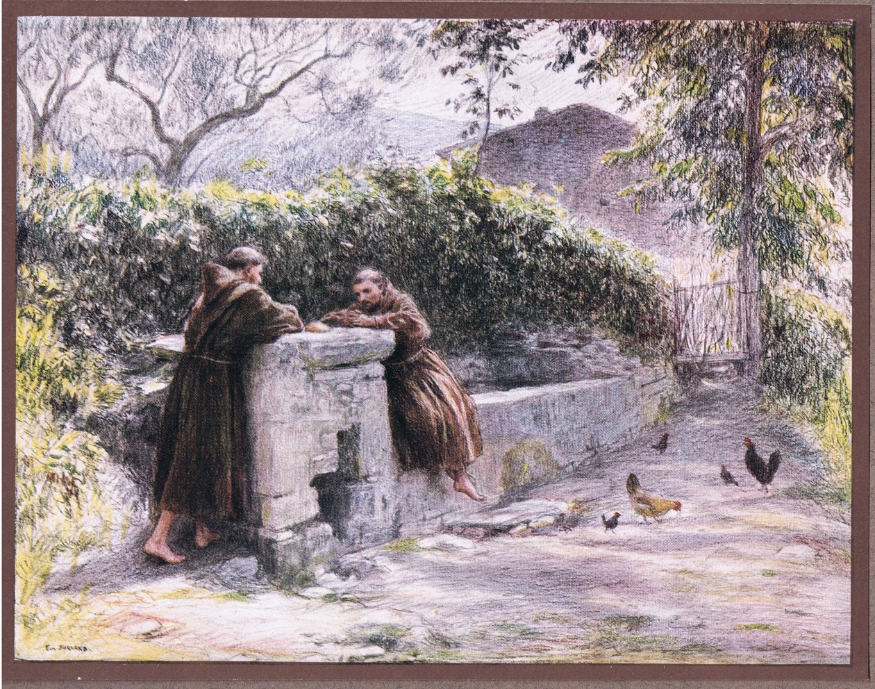 圣弗朗西斯和Friar Masseo在喷泉的餐厅。圣弗朗西斯赞扬贫穷，1919年 作者 尤金·伯恩（Eugene Burnand）