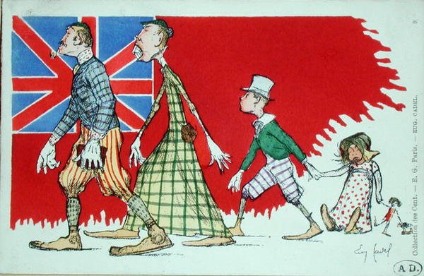 法国人眼中的英国家庭，明信片（彩色平印）。 作者 尤金·卡德尔（Eugene Cadel）