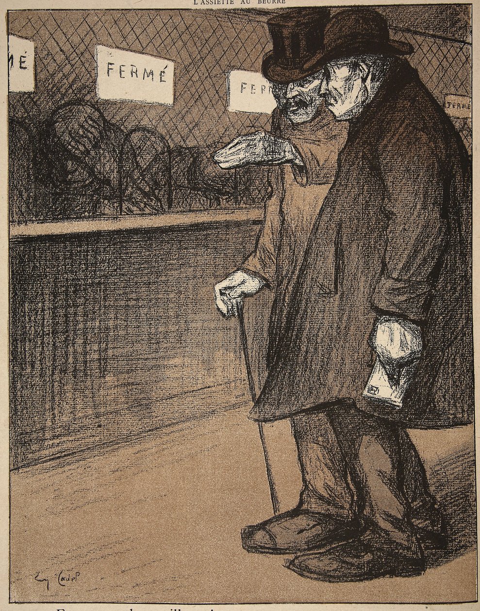 两位年长的绅士走过封闭的柜台，插图来自&39;The Butter Plate：The Public Servants&39;，1902年8月9日 作者 尤金·卡德尔（Eugene Cadel）