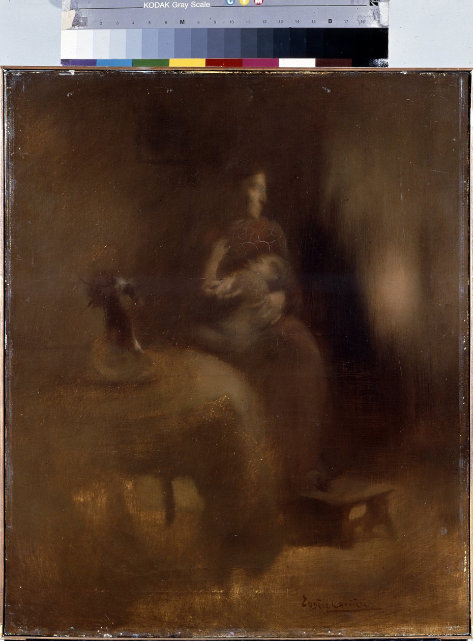 膝上抱着婴儿的妇女。尤金-卡里尔（1849-1906 年）的画作 作者 欧仁·卡里尔（EugèneCarrière）