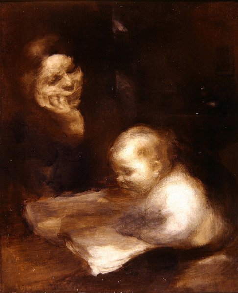 母子阅读（布面油画） 作者 欧仁·卡里尔（EugèneCarrière）