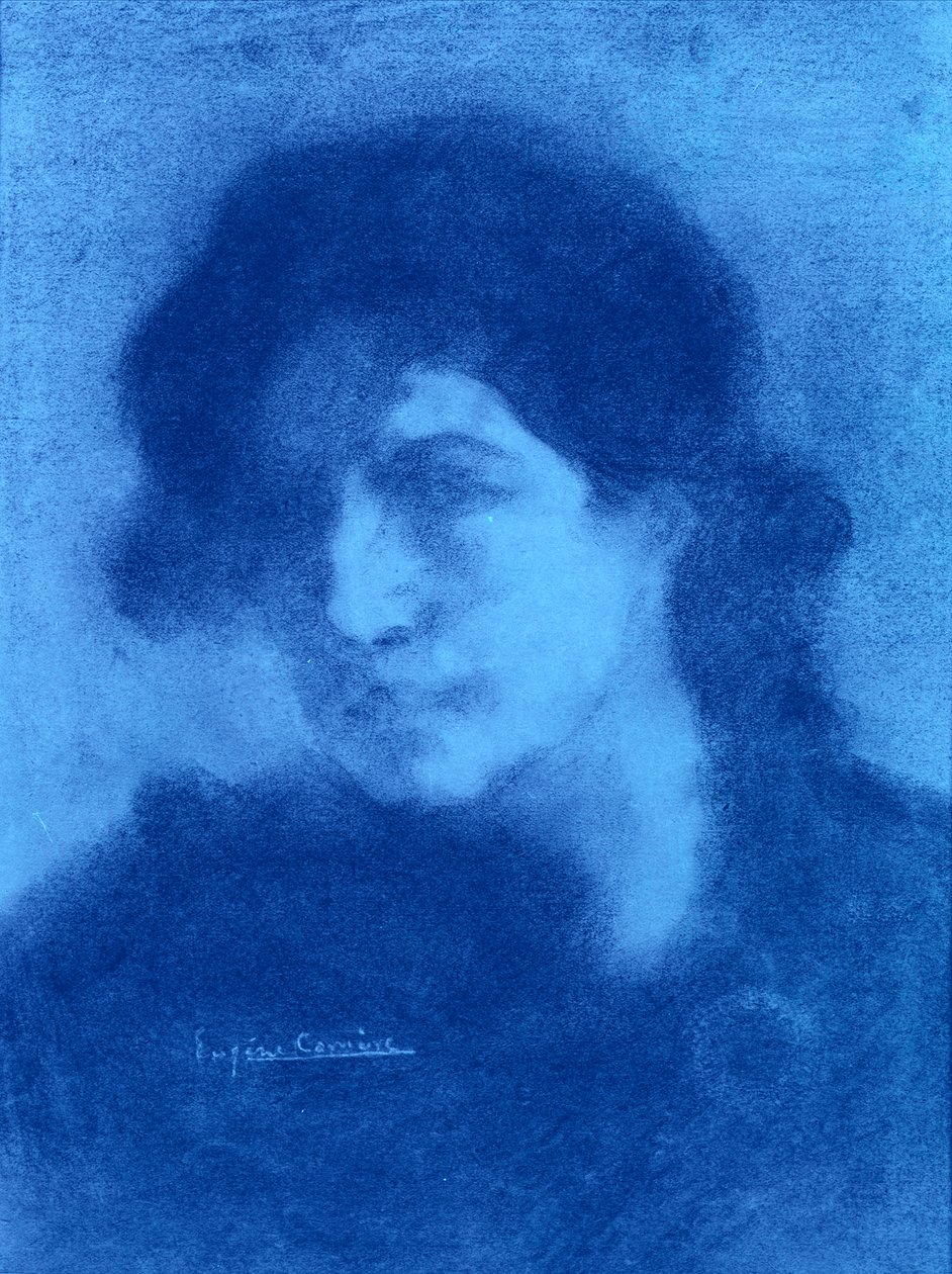一个女人的肖像（纸上蓝墨水和水墨）。 作者 欧仁·卡里尔（EugèneCarrière）
