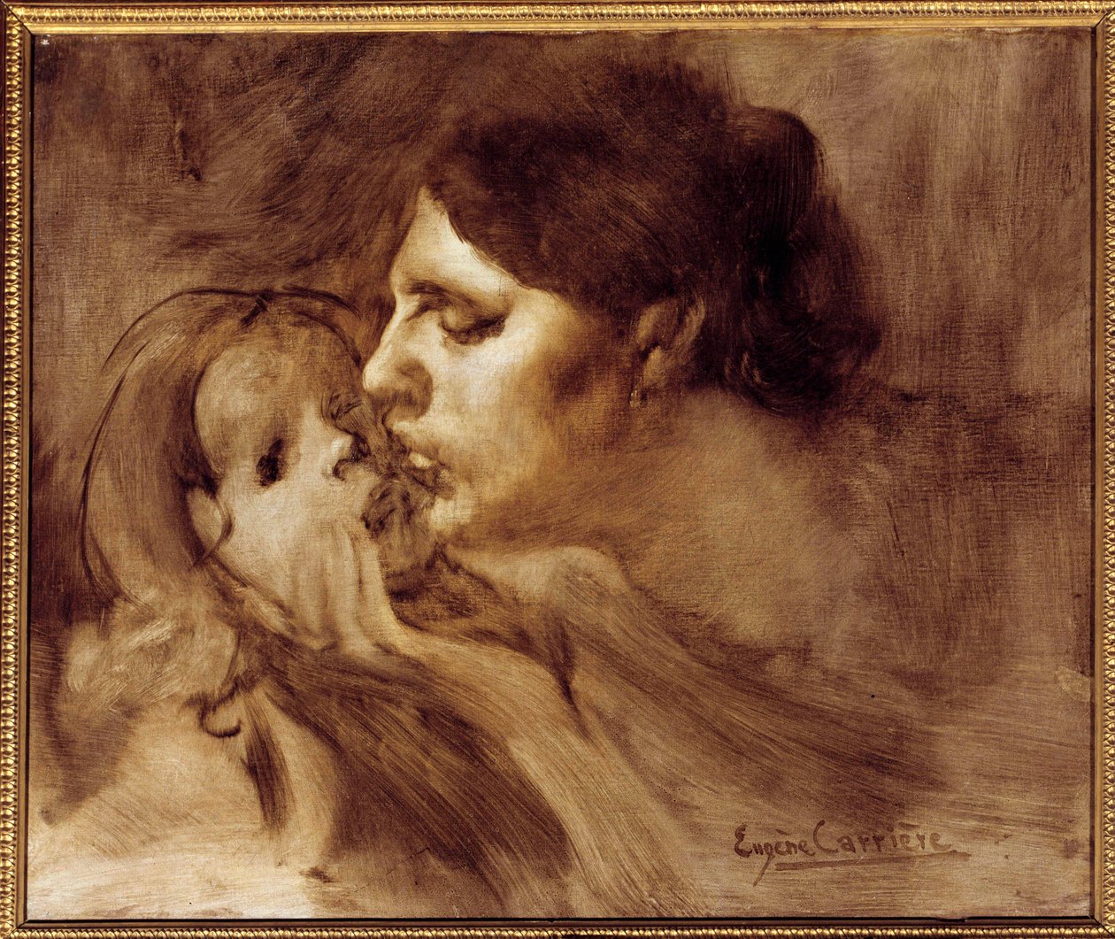 Eugene Carriere (1849-1906) 的《母亲之吻》 19 世纪 0.46 x 0.55 m 巴黎，奥赛博物馆 作者 欧仁·卡里尔（EugèneCarrière）