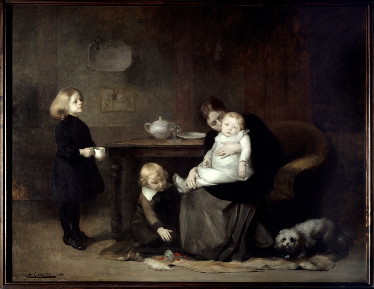 生病的孩子 寡妇母亲亲吻她生病的孩子。 Eugene Carriere (1849-1906) 1885 年作画。 2x2,46 m 巴黎，奥赛博物馆 作者 欧仁·卡里尔（EugèneCarrière）