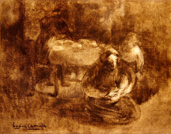 女人在打孩子的鞋带（布面油画） 作者 欧仁·卡里尔（EugèneCarrière）