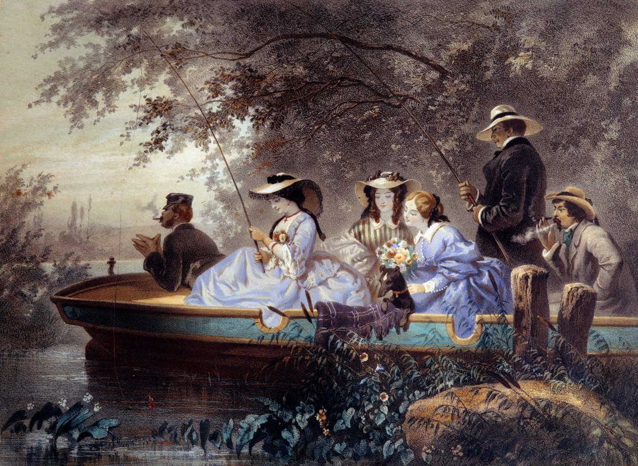周日与家人一起在河边钓鱼 Eugene Guerard (1821-1866) 19 世纪巴黎，Musee Carnavalet 作者 尤金·查尔斯·弗朗索瓦·瓜拉德