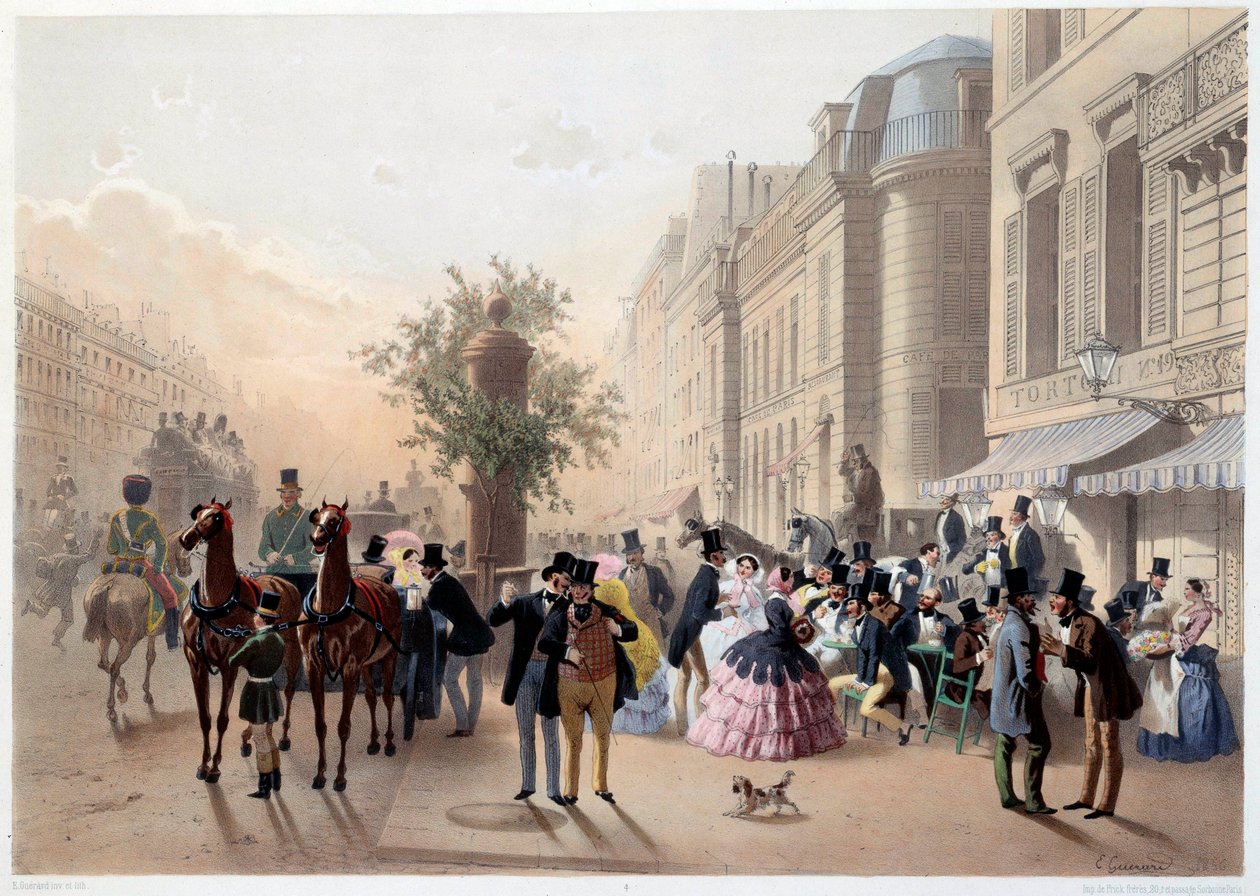 意大利人大道（Boulevard des Italians），19世纪巴黎巴黎托托尼咖啡馆（CaféTortoni）雕刻，尤金·瓜拉（Eugene Guerard） 作者 尤金·查尔斯·弗朗索瓦·瓜拉德