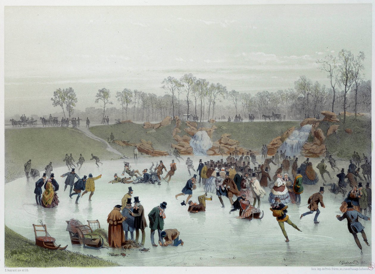 尤金·瓜拉德（Eugene Guerard）在Bois de Boulogne石版画中的溜冰者 作者 尤金·查尔斯·弗朗索瓦·瓜拉德