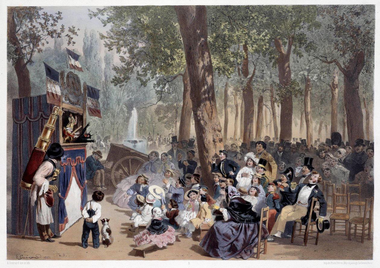 19 世纪巴黎香榭丽舍大街上的 guignols 表演。 Eugene Guerard (1821-1866) 的版画 19 世纪巴黎，Musee Carnavalet 作者 尤金·查尔斯·弗朗索瓦·瓜拉德