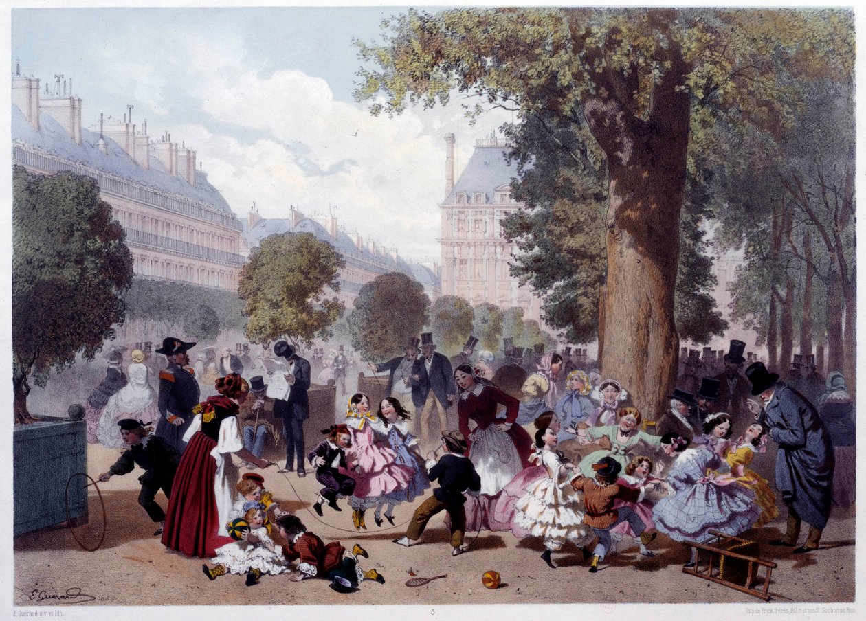 Allee des foliants aux Tuileries in Paris 儿童、托儿所和步行者的景色。 Eugene Guerard (1821-1866) 的版画，1856 年巴黎，卡纳瓦莱博物馆 作者 尤金·查尔斯·弗朗索瓦·瓜拉德