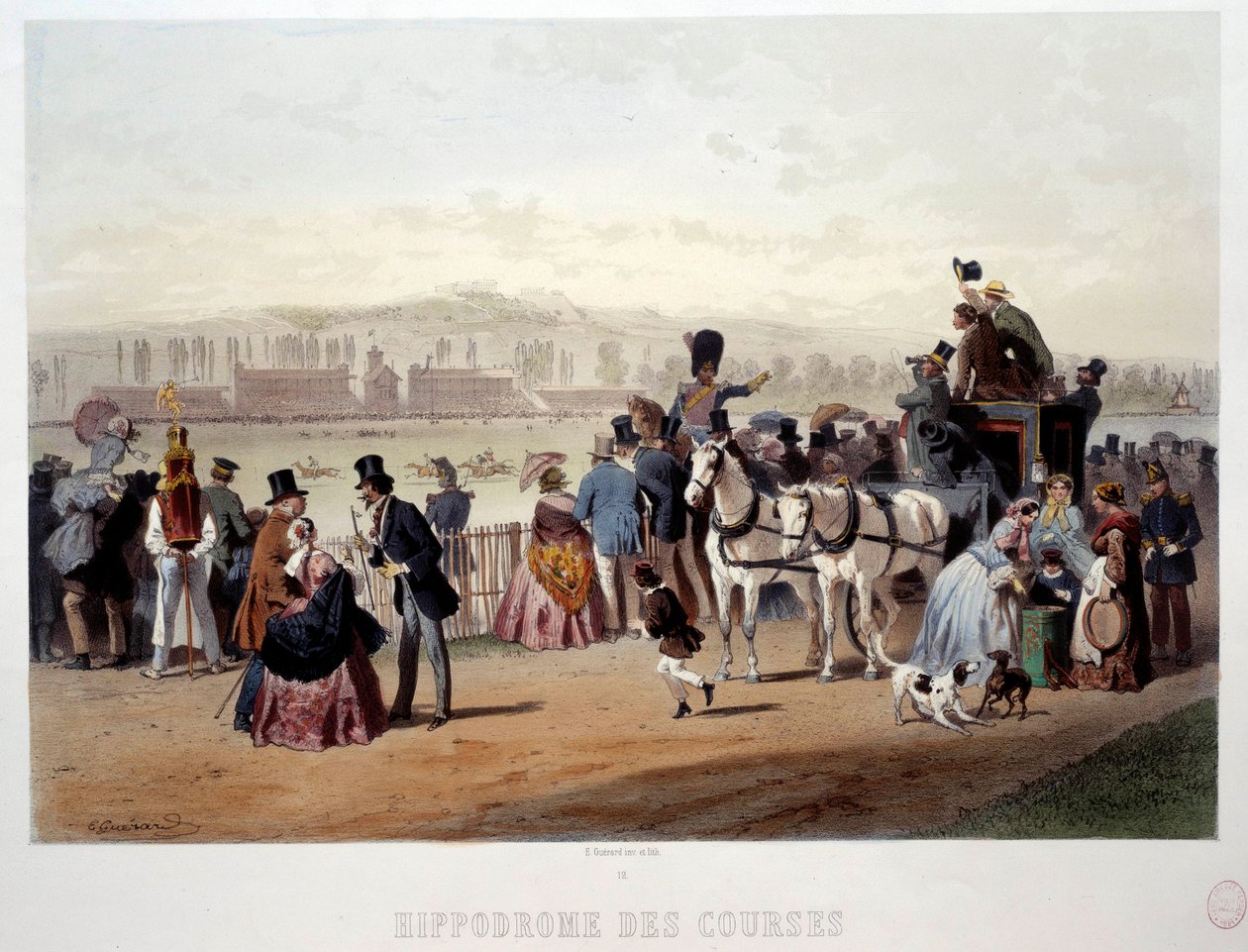 19 世纪 Eugene Guerard（1821-1866）在 Bois de Boulogne 石版画上看到的赛马场。 巴黎，卡纳瓦莱博物馆 作者 尤金·查尔斯·弗朗索瓦·瓜拉德