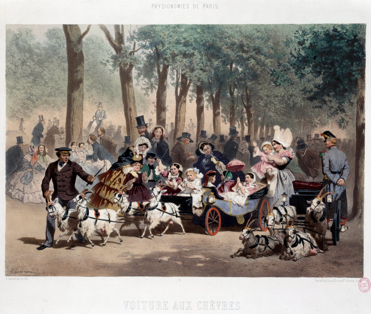 19 世纪尤金·盖拉德 (Eugene Guerard, 1821-1866) 19 世纪巴黎卡纳瓦莱博物馆的石版印刷术，在巴黎杜乐丽花园中乘车漫步 作者 尤金·查尔斯·弗朗索瓦·瓜拉德