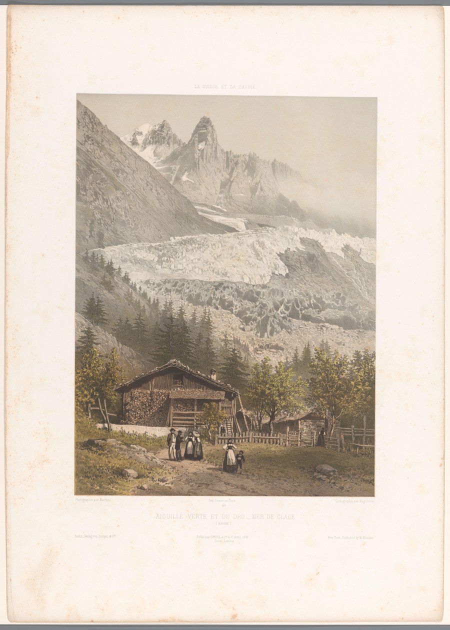 眺望阿尔卑斯山（Aiguille Verte）和德鲁山（Dru）以及格拉斯海（Mer-de-Glace）冰川
绿色山丘和德鲁山丘 - 格拉斯海（作品名称）
瑞士和萨瓦风景（系列标题）
瑞士和萨瓦（文物上的系列名称） 作者 尤金·西塞里