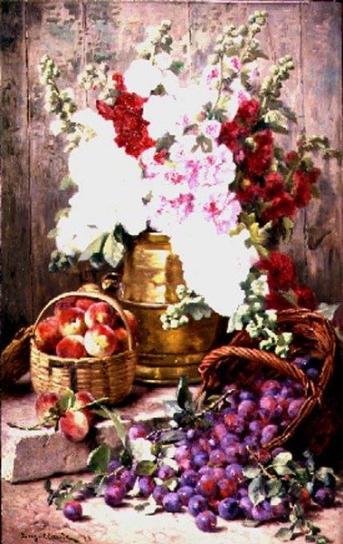 铜瓮中的花和篮子里的水果的静物画 作者 尤金·克劳德（Eugene Claude）