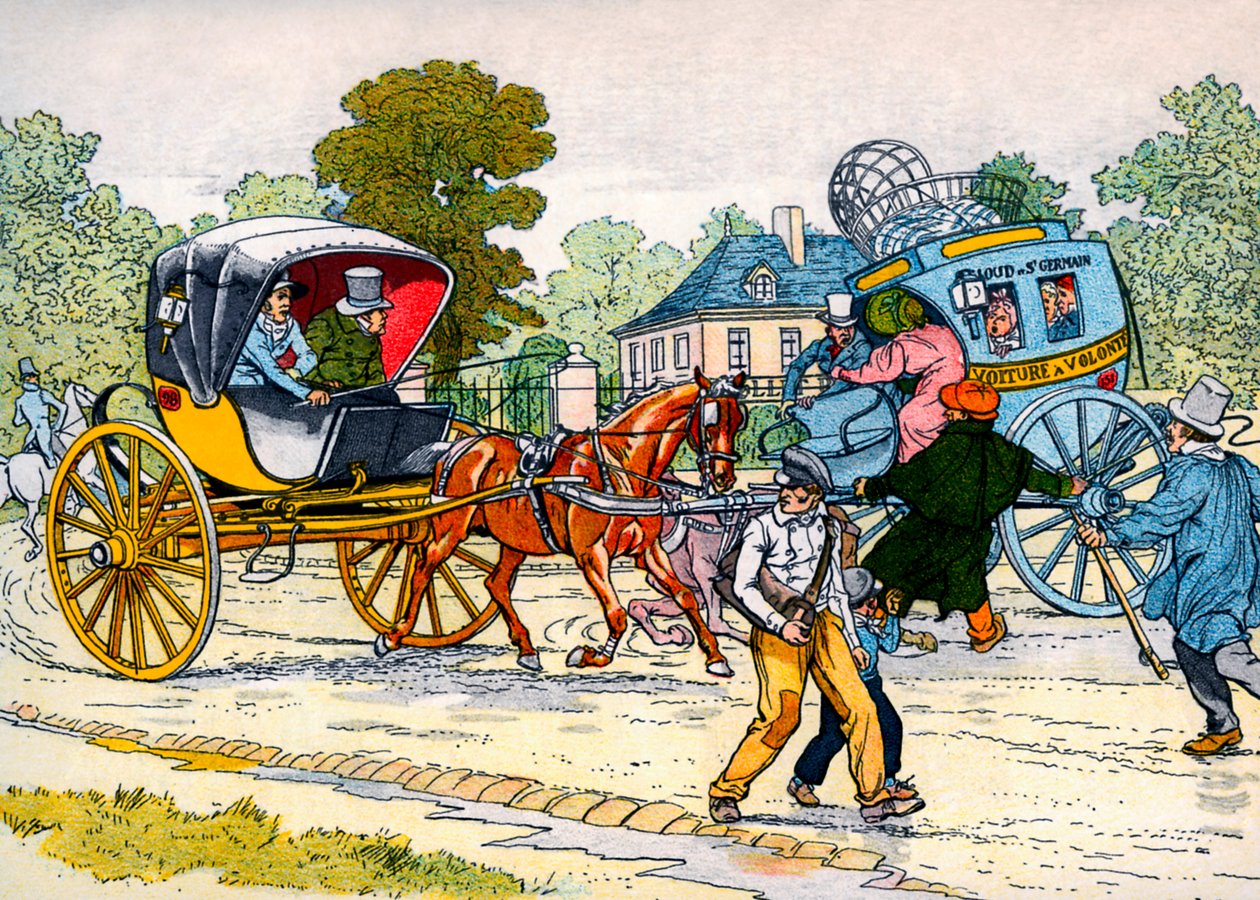 1885年的敞篷车和 "coucou "马车 作者 尤金·库本（Eugene Courboin）