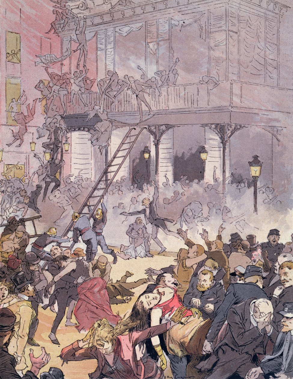 喜歌剧院火灾，1887 年 5 月 25 日（彩色平版印刷） 作者 尤金·库本（Eugene Courboin）