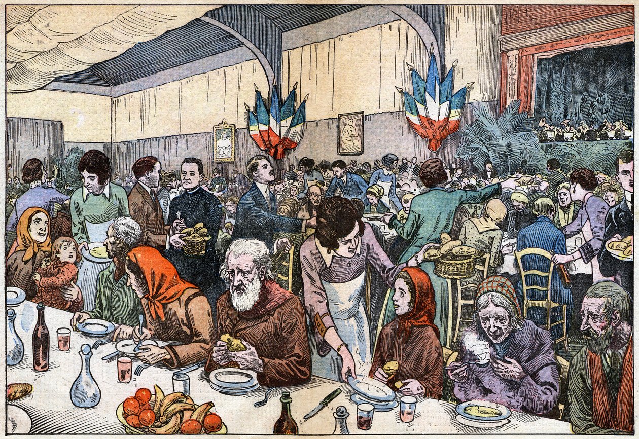 穷人的宴会（慈善机构-慈善委员会-天主教救济-汤-女赞助人）。 1927 年圣诞节那天，法拉利红衣主教（由阿贝·里沃塔 (Abbe Rivota) 在巴黎执导）为穷人组织了一场弥撒，随后是 2000 年的宴会。 由 Damb 绘制 作者 尤金·丹布拉斯