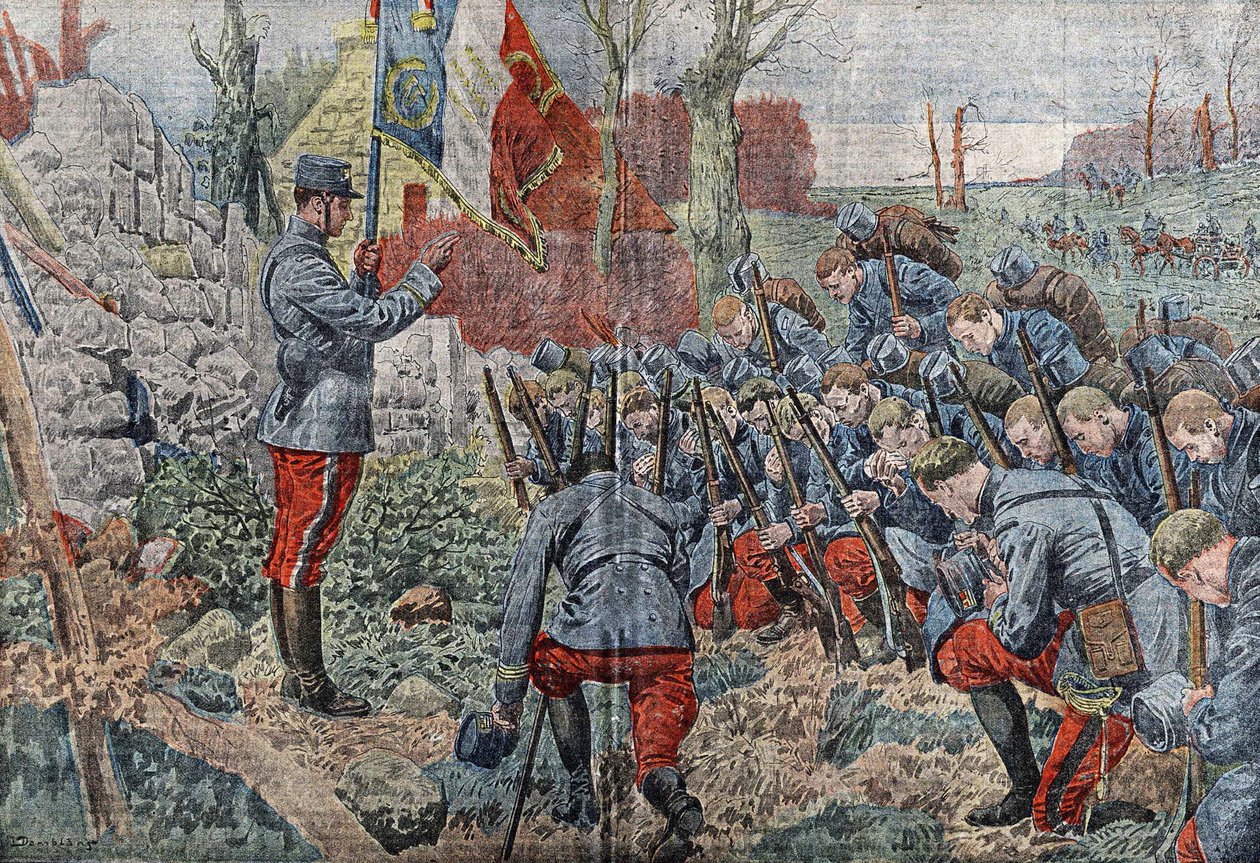 一名手持旗帜的牧师在他的团的军官和士兵开始进攻时赦免他们。 在 1915 年的“Le pelerin”中。 作者 尤金·丹布拉斯