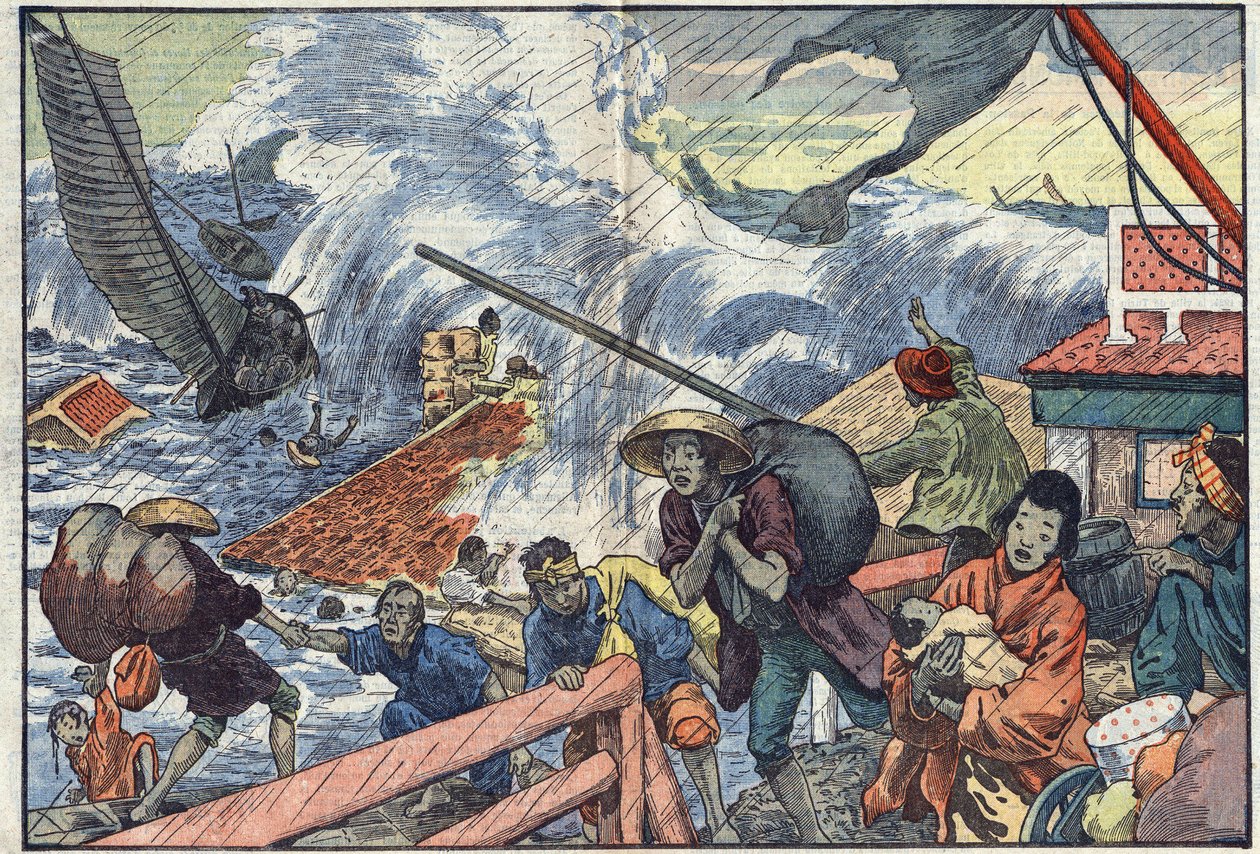 马瑞兹和台风袭击日本。丹布兰斯的插图。在10月2日的《Le Pelerin》中 作者 尤金·丹布拉斯