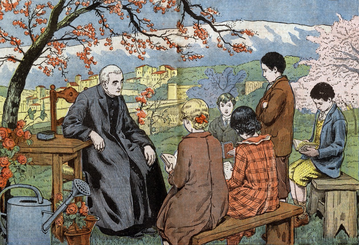 5 月 17 日，一位神父和未来的年轻人将在花园里进行圣餐，由 Damblans 从纸“Le Pelerin”中绘制 作者 尤金·丹布拉斯