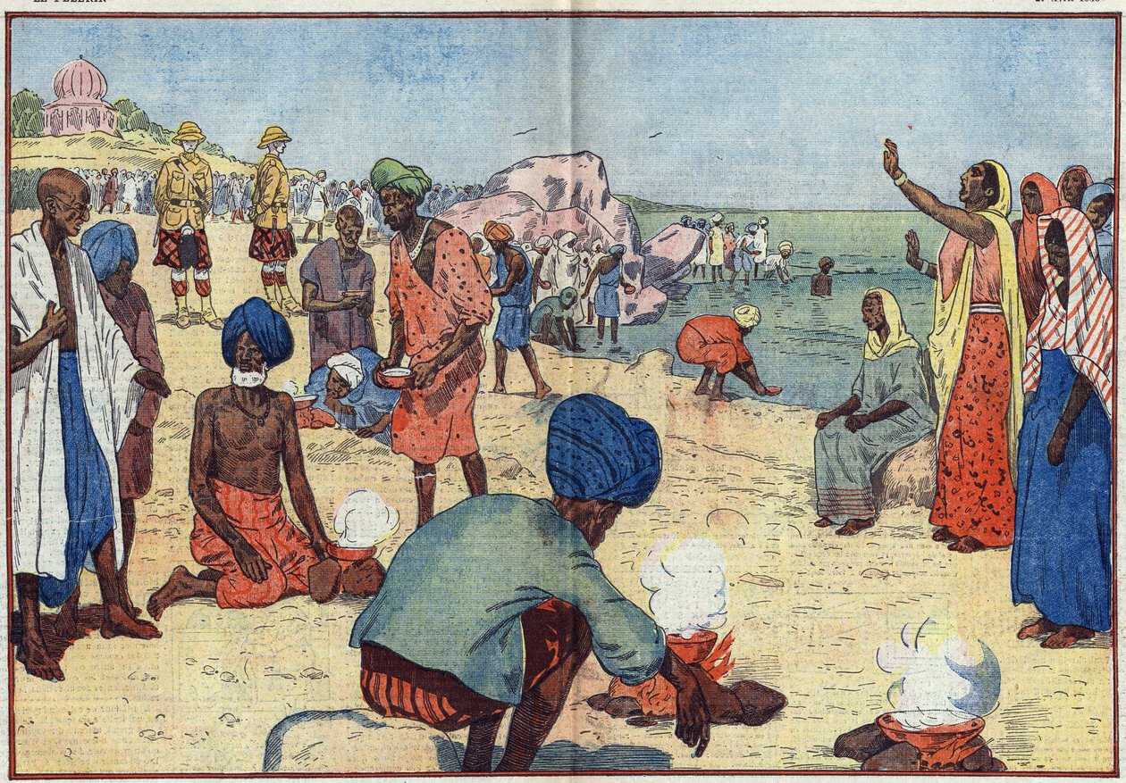 Civil Disobedience Week in India against the British Empire: On Bombay Beach, Gandhi (1869-1948) and his supporters boil sea water to obtain salt in violation of the Gabelle Law. Women encourage them by repeating this chorus: “Break, break the law of salt, 作者 尤金·丹布拉斯