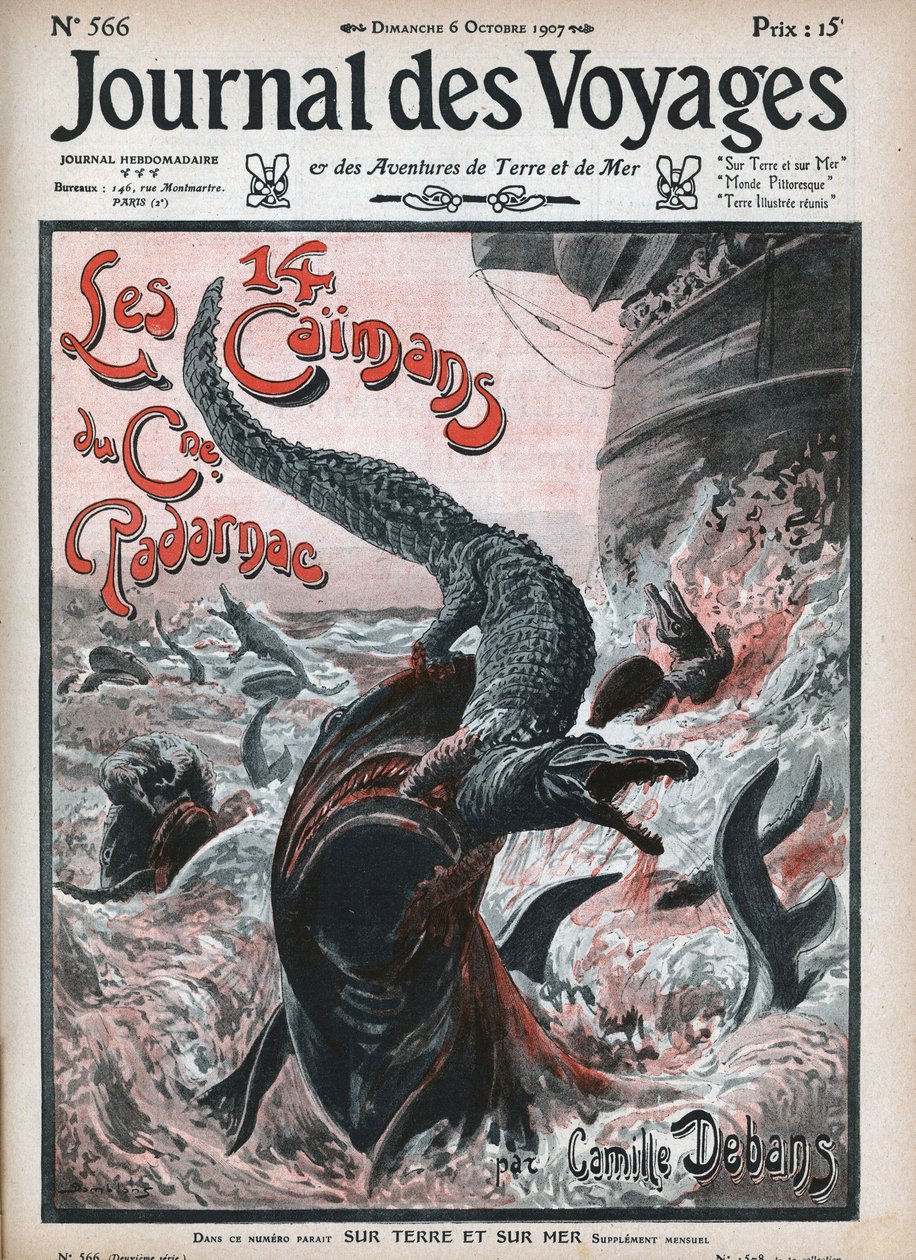 被鲨鱼吞噬的鳄鱼。卡米尔-德班斯（1834-1910）的丹布兰斯插图《帕达尔纳克船长的十四只凯门鳄》。一份报纸。1907年 "航海杂志 "上的版画。 作者 尤金·丹布拉斯