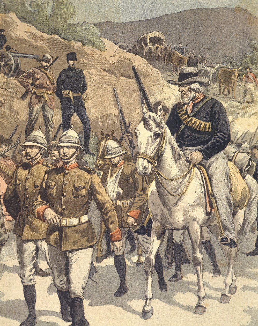 1850-1902 年盎格鲁-祖鲁战争和盎格鲁-布尔战争期间，尼科尔森内克战役后的英国战俘，插图 作者 尤金·丹布拉斯