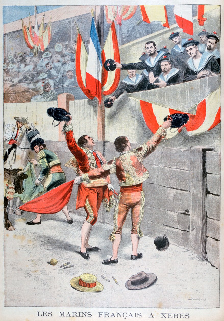 法国水手观看斗牛大战，西班牙谢尔，1899年 作者 尤金·丹布拉斯