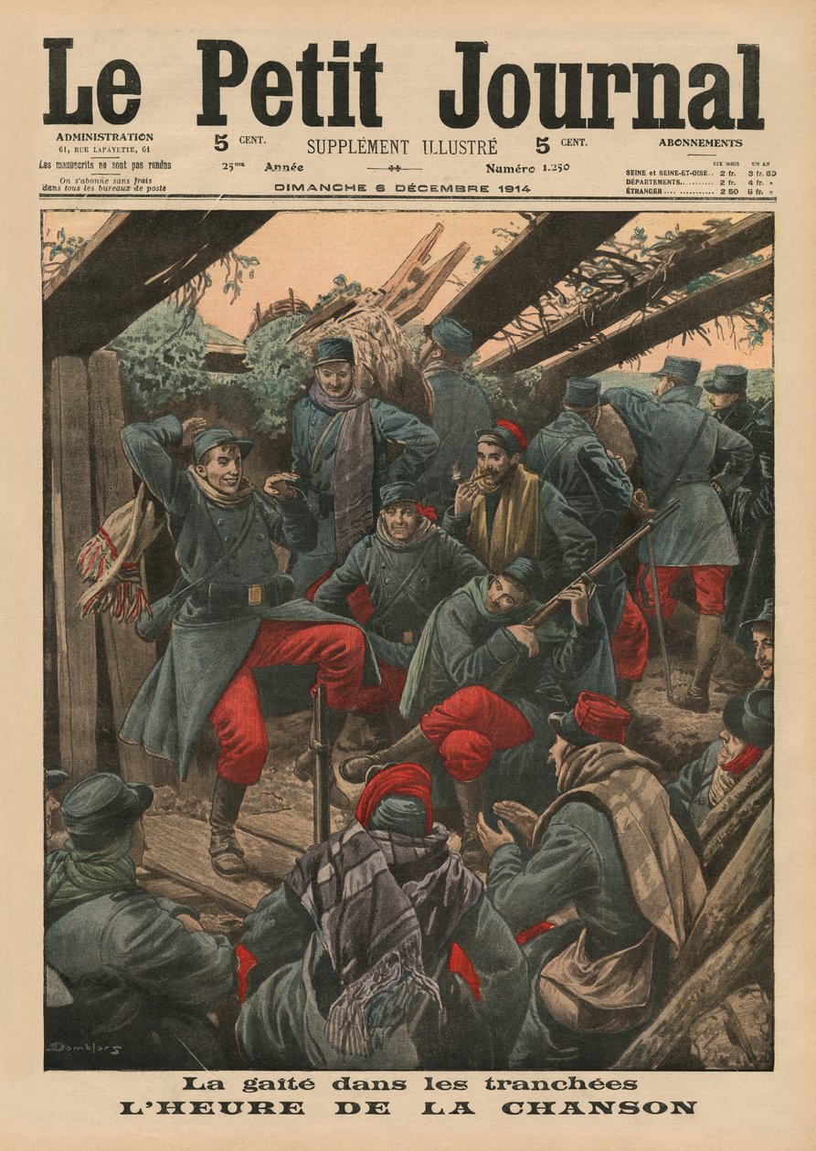 战争中的快乐派对，歌曲时间，来自&39;Le Petit Journal&39;的封面插图，补充illustre，1914年12月6日 作者 尤金·丹布拉斯