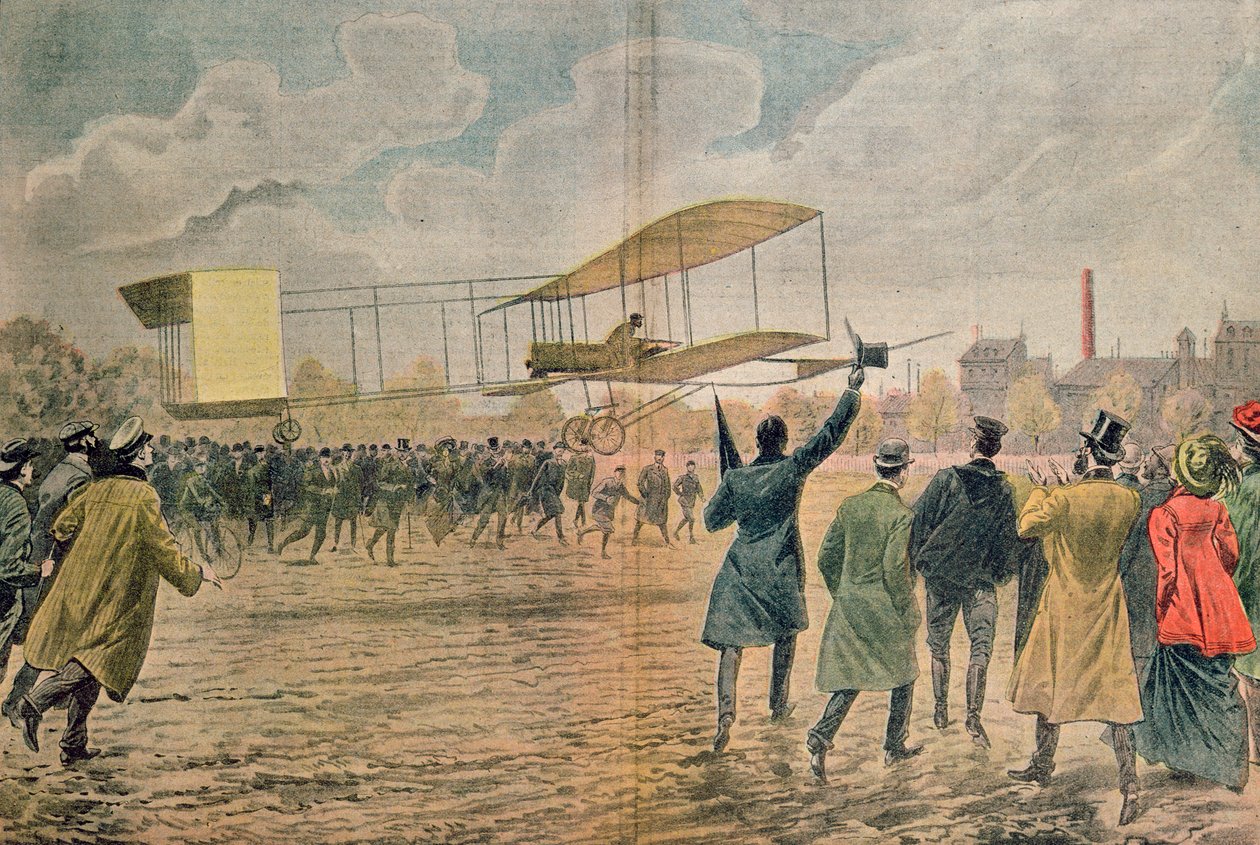 Henri Farman（1874-1958）在Issy-les-Moulineaux的飞机上，他的飞机是Voisin-Farman 1，插图来自&39;Le Pelerin&39;，1907年11月 作者 尤金·丹布拉斯