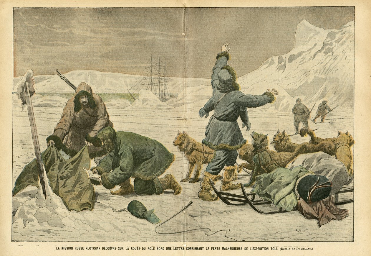 Eugene Damblans (1865-1945)在Le Pelerin的插图，02/04/05 - 俄罗斯使团Klotchak在北极路上发现了一封信，确认探险队的不幸损失 Toll - 南北两极, 极地探险, 冰, 撬棍陷阱 作者 尤金·丹布拉斯