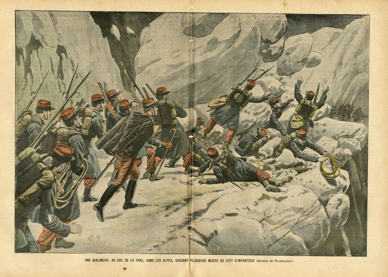 Eugene Damblans (1865-1945)在Le Pelerin的插图，04年3月6日 - 在阿尔卑斯山的Pare山口发生雪崩，造成步兵第157师数人死亡 - 各种事实，Armee, Mountain Mountaineering Climbing, Infantry, Alps, Avalanche - 士兵 作者 尤金·丹布拉斯